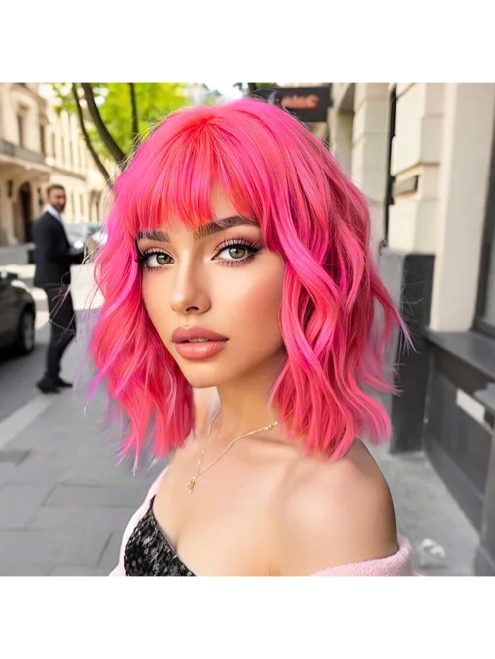 Women's AGO Pink Short Wavy Bob Wig with Bangs 14 Inch Synthetic Hair